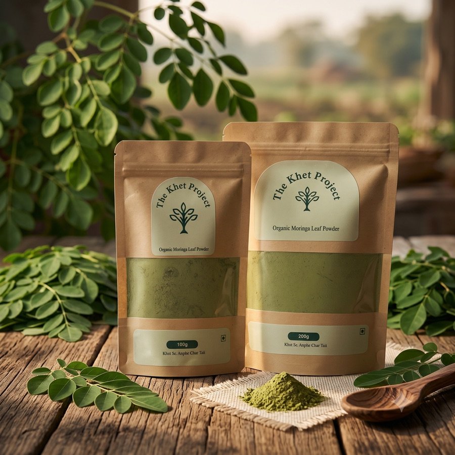 Stone-ground moringa leaf powder, 100g and 200g packs